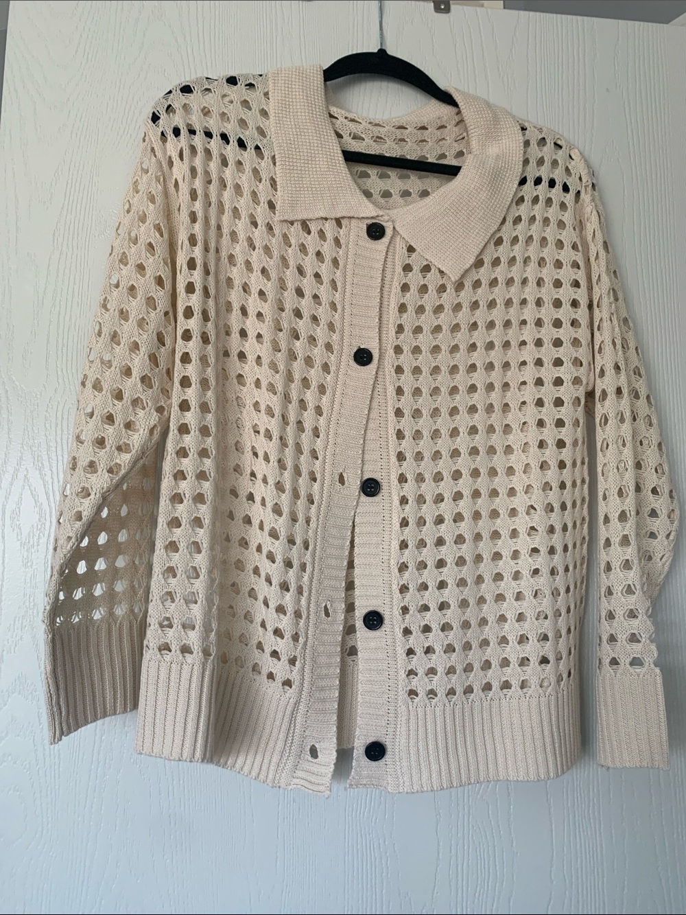 Open-Knit Collared Button Cardigan in Cream